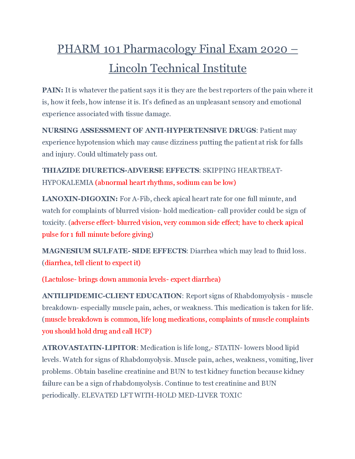 Preview of PHARM 101 Pharmacology Final Exam 2020 – Lincoln Technical Institute | PHARM101 Pharmacolo